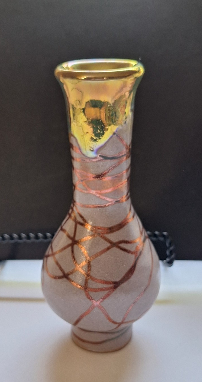 2017 Handmade Pottery Vase Purple and Gold Glaze 6 1/2" Artist Signed